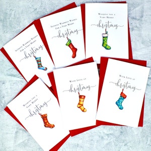Pack of 6 Christmas Cards & Envelopes - Colourful Christmas Stockings for Special Friends and Family Multi Pack