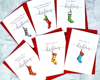 Pack of 6 Christmas Cards & Envelopes - Colourful Christmas Stockings for Special Friends and Family Multi Pack