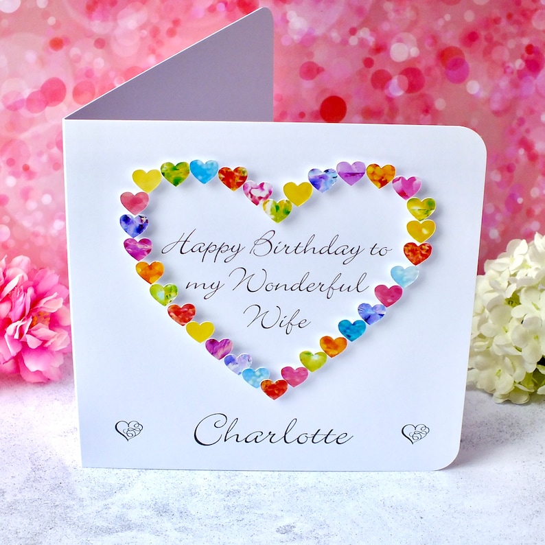 Wife Birthday Card Handmade Personalised Birthday Card for Wife Colourful Luxury 'Happy Birthday to a Wonderful Wife' image 2