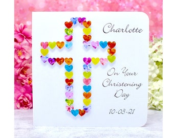 Personalised Christening Card - Christening Day Card customised with Name and Date, Handmade 3D Colourful Hearts for Boy or Girl