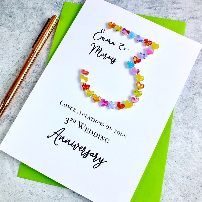 3rd Wedding Anniversary Card Handmade & Personalised Our 3rd Anniversary Card Husband Wife Multi Coloured Rainbow Hearts Design Large A5 8.3 x 5.8”