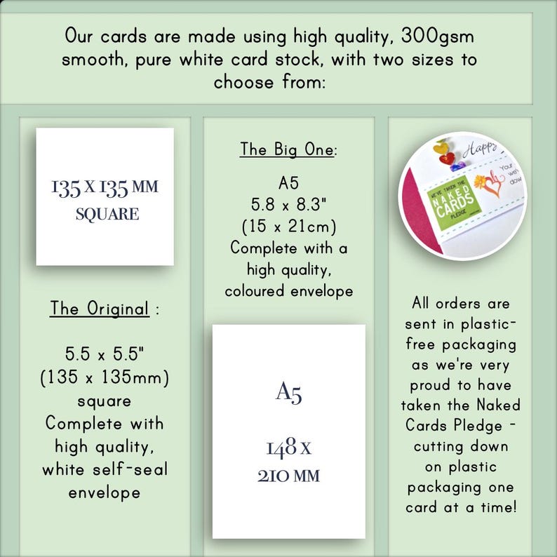 May include: Two sizes of blank greeting cards are shown. The larger card is 5.8 inches by 8.3 inches (15 cm by 21 cm) and the smaller card is 5.5 inches by 5.5 inches (13.5 cm by 13.5 cm). The text "The Big One" and "The Original" are shown above each card.