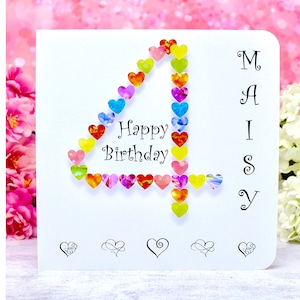 Carte d'anniversaire pour filles ou garçons faite main et personnalisée pour le quatrième anniversaire d'une fille, d'un fils, d'une arrière-petite-fille, d'un petit-fils, d'une nièce et d'un neveu