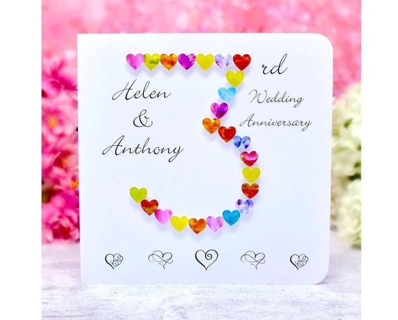 3rd Wedding Anniversary Card Handmade & Personalised Our 3rd Anniversary Card Husband Wife Multi Coloured Rainbow Hearts Design Original 5.5" Square