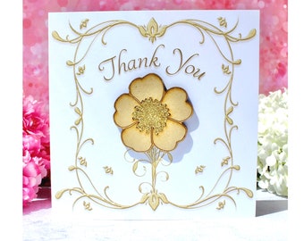 Thank You Card - Extra Special Handmade Thankyou Card with Luxury Wooden Flower Rose Daisy Detail