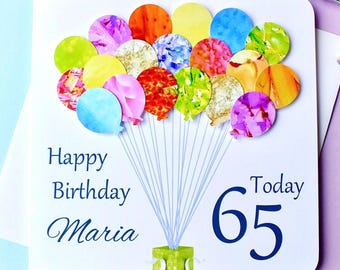 65th Birthday Card - Personalised Age 65 Birthday Balloons Card - Handmade - Mum - Dad - Sister - Friend for Him or Her, Male or Female