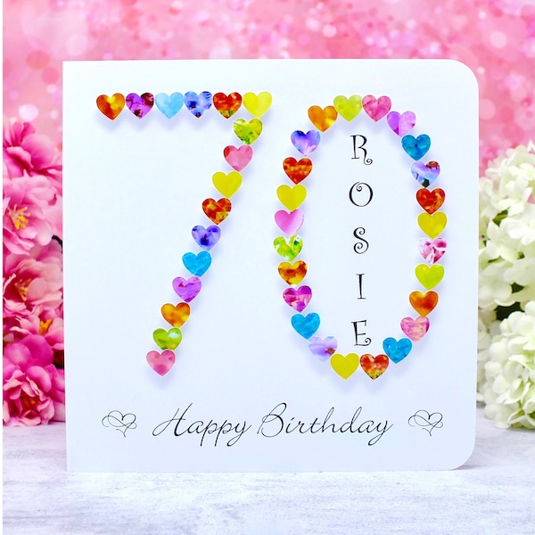 70th Birthday Card – Handmade and Personalised Age 70 Card, Customised with any Name - perfect for Mum, Aunt, Friend, etc.