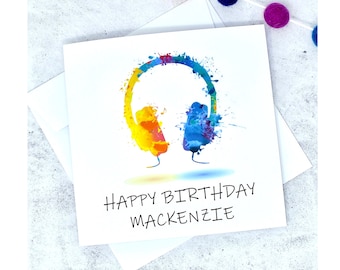 Personalised Birthday Card - featuring Funky Colourful Headphones, Rainbow / Multi-coloured Head Phones for Gamers & Music Lovers Him or Her