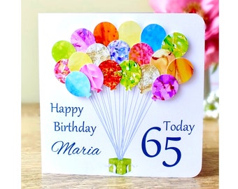 65th Birthday Card - Personalised Age 65 Birthday Balloons Card - Handmade Custom Personalised - Mum - Dad - Sister - Friend Colourful BHB65