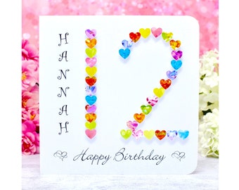 12th Birthday Card - Handmade & Personalised Age 12 Card including Name - Colourful Heart Design - Perfect for Girls, Daughter, Niece