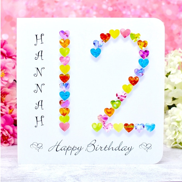 12th Birthday Card - Handmade & Personalised Age 12 Card including Name - Colourful Heart Design - Perfect for Girls, Daughter, Niece