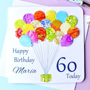 Carte de 60 ans - Carte de ballons d'âge 60 ans personnalisée - Personnalisé fait main - Maman - Papa - Sœur - Ami coloré BHB60