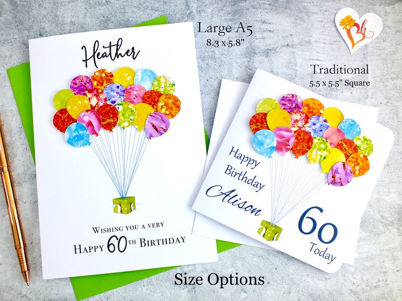 60th Birthday Card Personalised Age 60 Birthday Balloons Card Handmade Custom Personalised Mum Dad Sister Friend Colourful BHB60 image 5