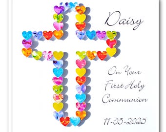 First Holy Communion Card, Handmade & Personalised Name Date, Rainbow Coloured 1st Holy Communion Cards for Girls or Boys Son Daughter