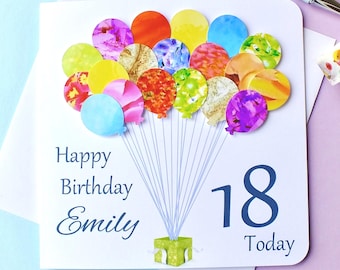 Handmade 18th Birthday Card - Personalised Age 18 Birthday Balloons Card - Son - Daughter - Boy - Girl Granddaughter Grandson Niece Nephew