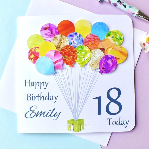 18th Birthday Card - Personalised Age 18 Birthday Balloons Card - Handmade - Son - Daughter - Boy - Girl Granddaughter Grandson Niece Nephew