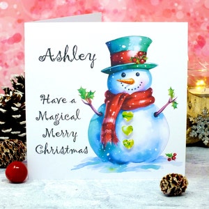 Carte de Noël personnalisée avec bonhomme de neige - Fait main, boutons 3D, parfait pour les amis spéciaux et la famille, de Bright Heart Design