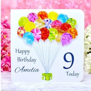 Carte d'anniversaire pour 9 ans - Carte de ballons d'anniversaire de 9 ans personnalisée - Fait main sur mesure pour garçons ou filles - Fille - Fils - Petite-fille Petit-fils