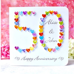 Carte 50e anniversaire de mariage, carte 50e anniversaire de mariage en or faite main, personnalisée avec des noms, cartes 50 anniversaire
