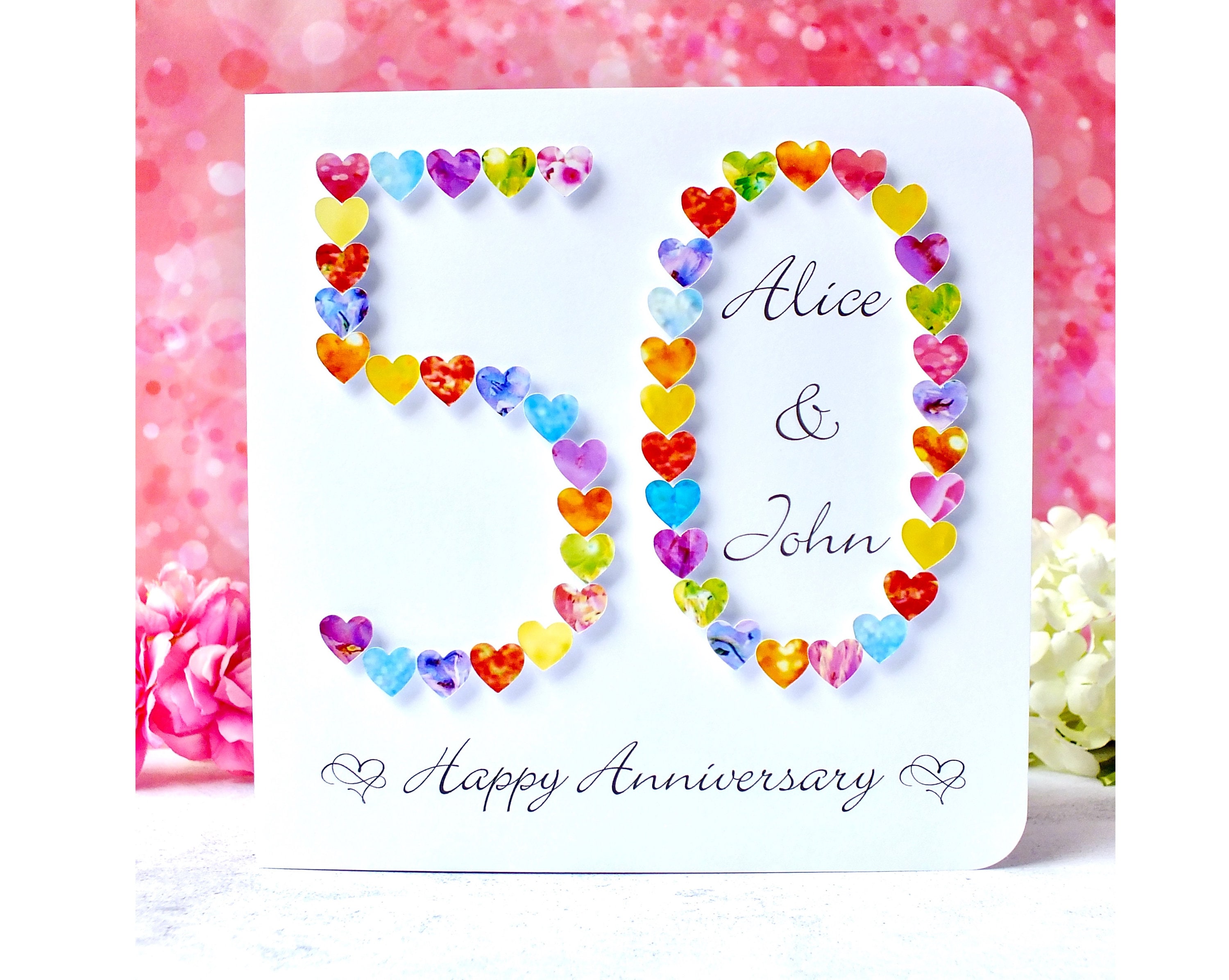 Light Pink Roses Inside Thin Glitter Frame and Two Small Hearts 50th : Fiftieth  Wedding Anniversary Congratulations Card for Couple | PaperCards.com, image size:3000x2392