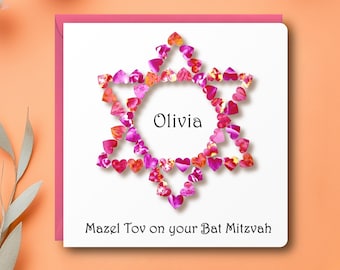 Personalised Bat Mitzvah Card – Handmade Card for Girls, Female Batmitzvah Star of David in Pink Mazel Tov