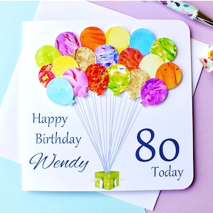 Carte de 80e anniversaire - Carte de ballons d'anniversaire personnalisée pour 80 ans - Fait main sur mesure - Maman - Papa - Sœur pour lui, homme ou femme