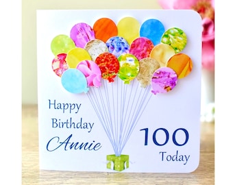 Carte de 100e anniversaire - Carte personnalisée de ballons d'anniversaire de 100 ans - Personnalisée à la main - Maman - Grand-mère - Grand-mère - Grand-père - BHB100