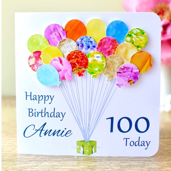 100th Birthday Card - Personalised Age 100 Birthday Balloons Card - Handmade Custom Personalised - Mum - Granny - Grandma - Grandad - BHB100