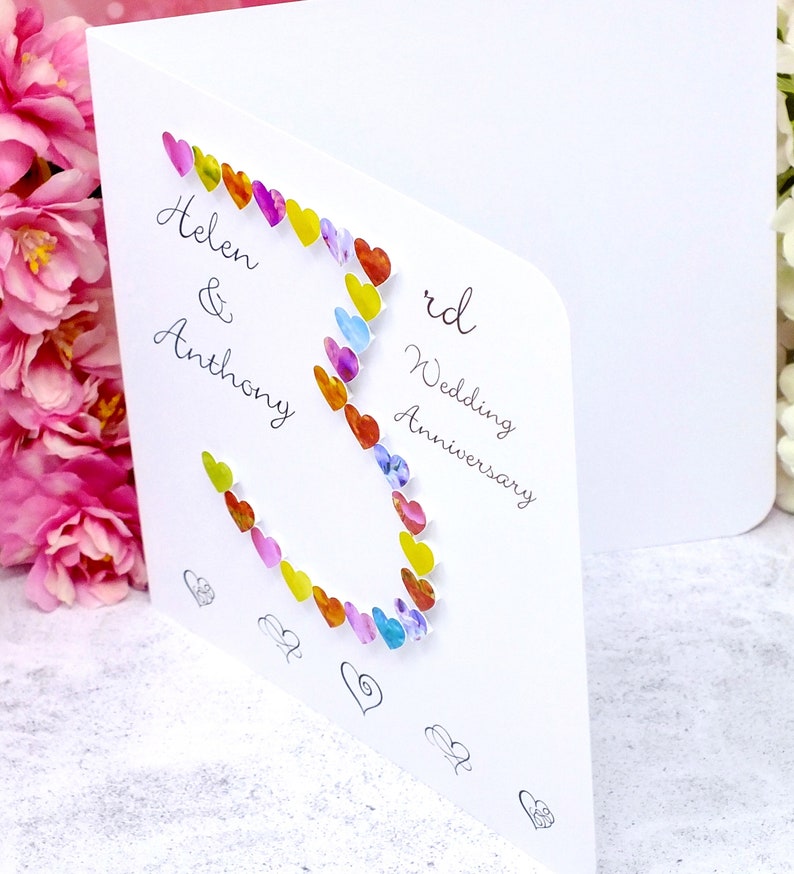 3rd Wedding Anniversary Card Handmade & Personalised Our 3rd Anniversary Card Husband Wife Multi Coloured Rainbow Hearts Design image 3
