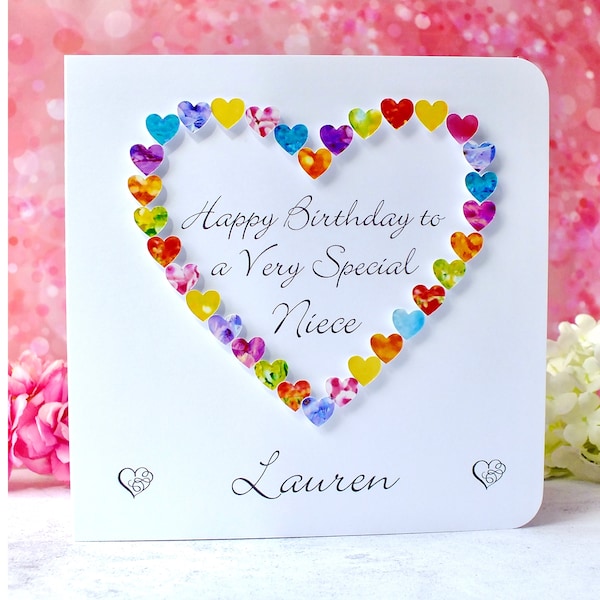 Niece Birthday Card - Handmade Personalised 'Happy Birthday to a Very Special Niece' Cards - Colourful Rainbow Heart Design - UK