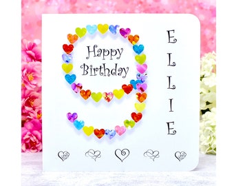 9th Birthday Card - Handmade and Personalised Age 9 Card - Hand Made 3D Card for Boy or Girl Rainbow Multi Coloured (BHA09)