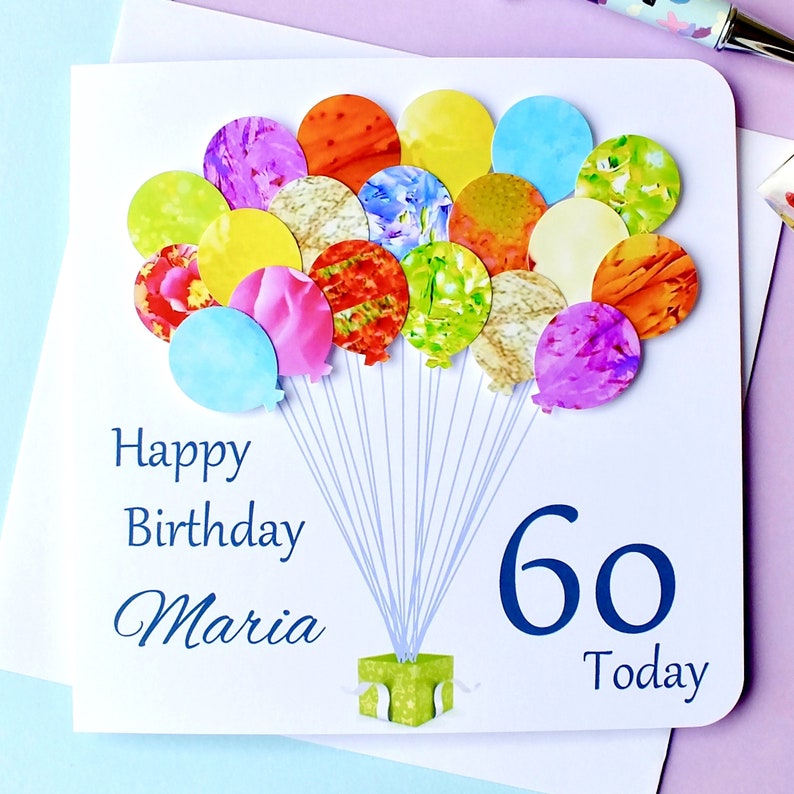 60th Birthday Card Personalised Age 60 Birthday Balloons Card Handmade Custom Personalised Mum Dad Sister Friend Colourful BHB60 Original 5.5" Square