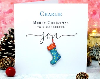 Christmas Card for Son - with a 3D Xmas Stocking for a Wonderful Son, Personalised, Handmade from Bright Heart Design