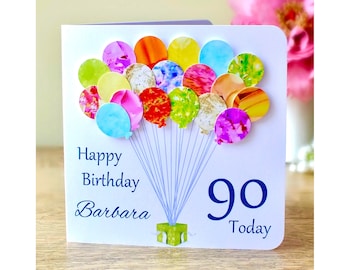90th Birthday Card - Personalised Age 90 Birthday Balloons Card - Handmade Custom Personalised - Mum - Dad - Aunty - Grandma Colourful BHB90