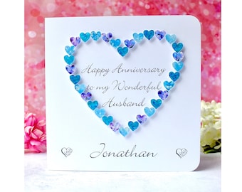 Husband Anniversary Card, Handmade and Personalised Our Wedding Anniversary Card in Blue Hearts by Bright Heart Design Customised