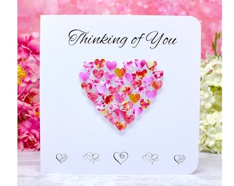 Thinking of You Card, Handmade Heart Cards -  Personalised with a Message if Required - Pink Love Hearts