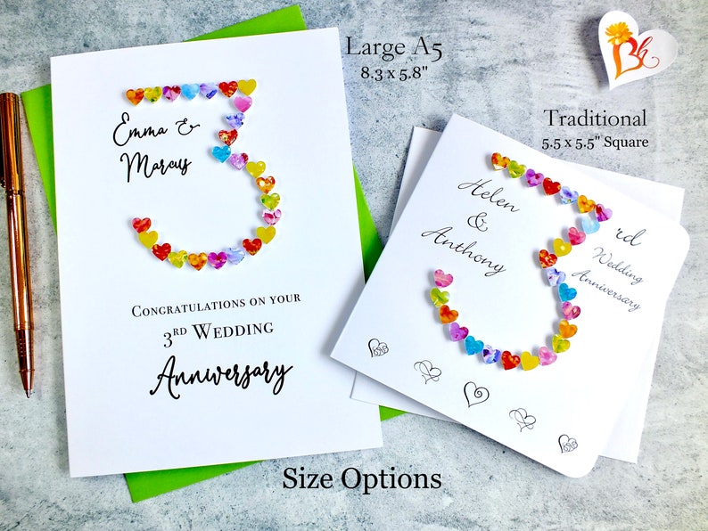3rd Wedding Anniversary Card Handmade & Personalised Our 3rd Anniversary Card Husband Wife Multi Coloured Rainbow Hearts Design image 5
