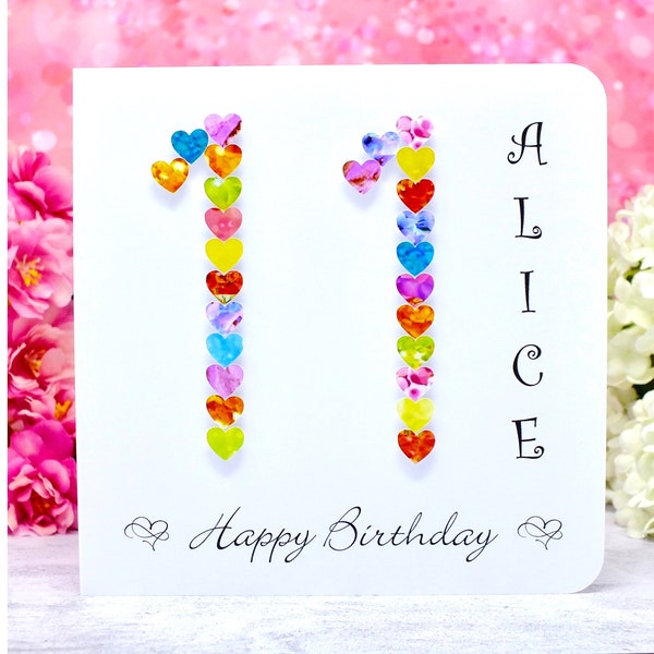 Handmade 11th Birthday Card - Personalised with Name - Colourful Age 11 Cards Including name, Customised for Girls or Boys