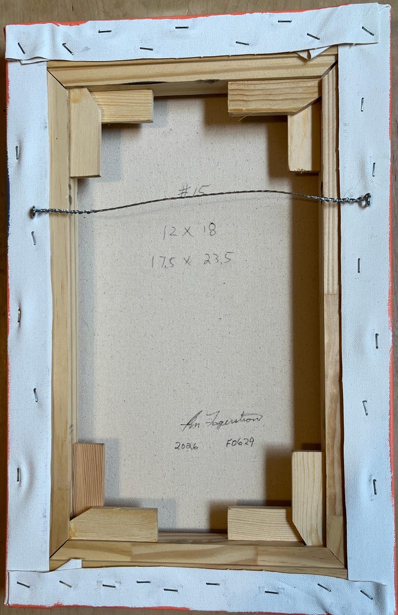 May include: The back of a rectangular canvas stretched over a light-colored wooden frame with metal staples. A wire is attached for hanging. Handwritten text includes #15, 12 x 18, 17.5 x 23.5, a signature, 2026, and F0629 on the canvas surface.