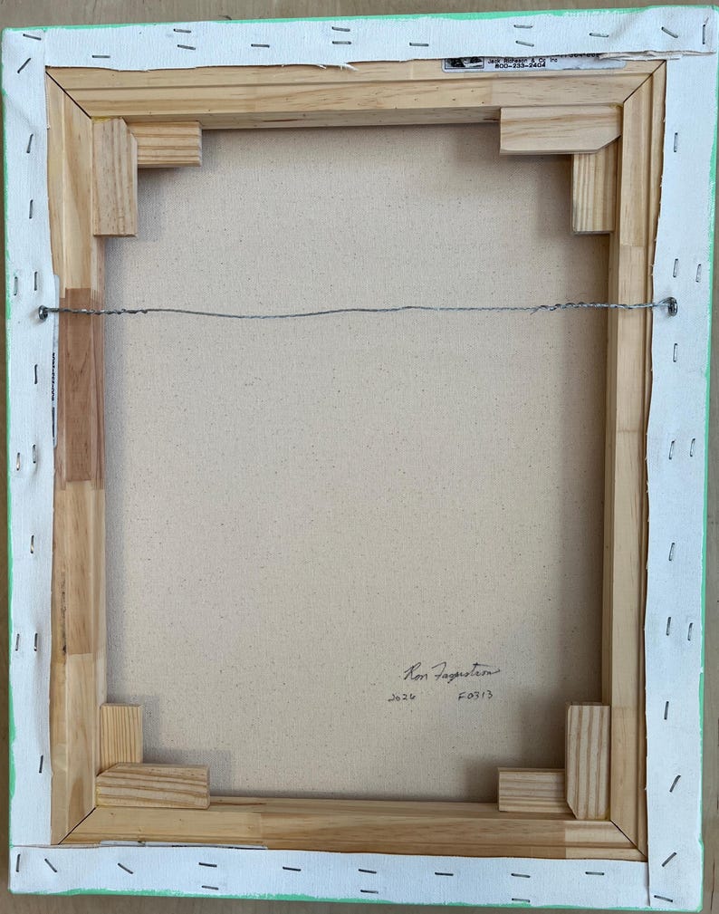 May include: The reverse side of a rectangular canvas painting stretched over a light-coloured wooden frame. The canvas is secured with metal staples along the edges. A thin metal hanging wire is attached to the frame. The artist's signature and 2026 are visible.