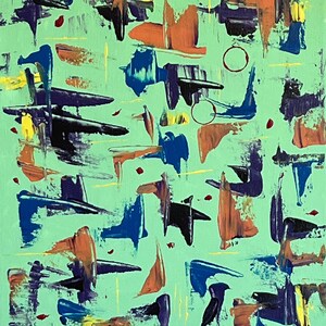 May include: An abstract painting on a light green background featuring scattered brushstrokes in dark blue, orange, and yellow. The composition includes small red dots and two thin, dark circular outlines distributed across the canvas surface.