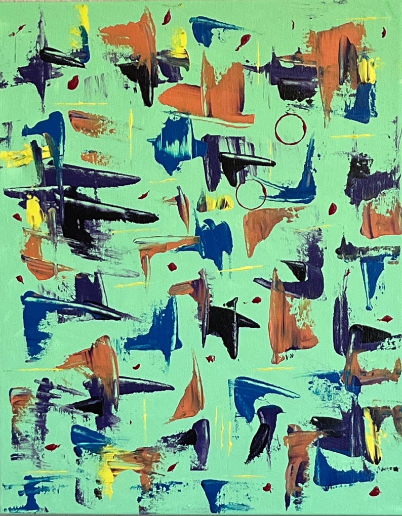 May include: An abstract painting on a light green background featuring scattered brushstrokes in dark blue, orange, and yellow. The composition includes small red dots and two thin, dark circular outlines distributed across the canvas surface.