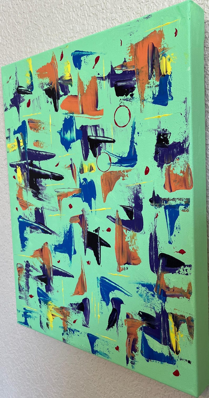 May include: A rectangular canvas painting featuring a light mint green background with scattered abstract brushstrokes in shades of royal blue, deep purple, bright orange, and yellow, accented by small red dots and thin circular outlines.