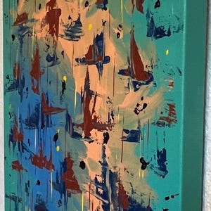 May include: A rectangular canvas painting featuring an abstract composition on a teal background. The artwork displays scattered brushstrokes and splatters in shades of dark blue, rust red, peach, and bright yellow, with a single white curved line.