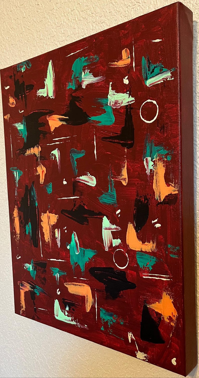 May include: An abstract painting on a deep maroon background featuring scattered brushstrokes in teal, black, orange, and light green. The composition includes two thin white circular outlines and several horizontal white lines painted across the canvas.