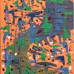 May include: An abstract painting on canvas featuring a vibrant orange background layered with horizontal and vertical brushstrokes in shades of blue, green, and dark gray, accented by scattered small dots of white, black, and deep red paint.