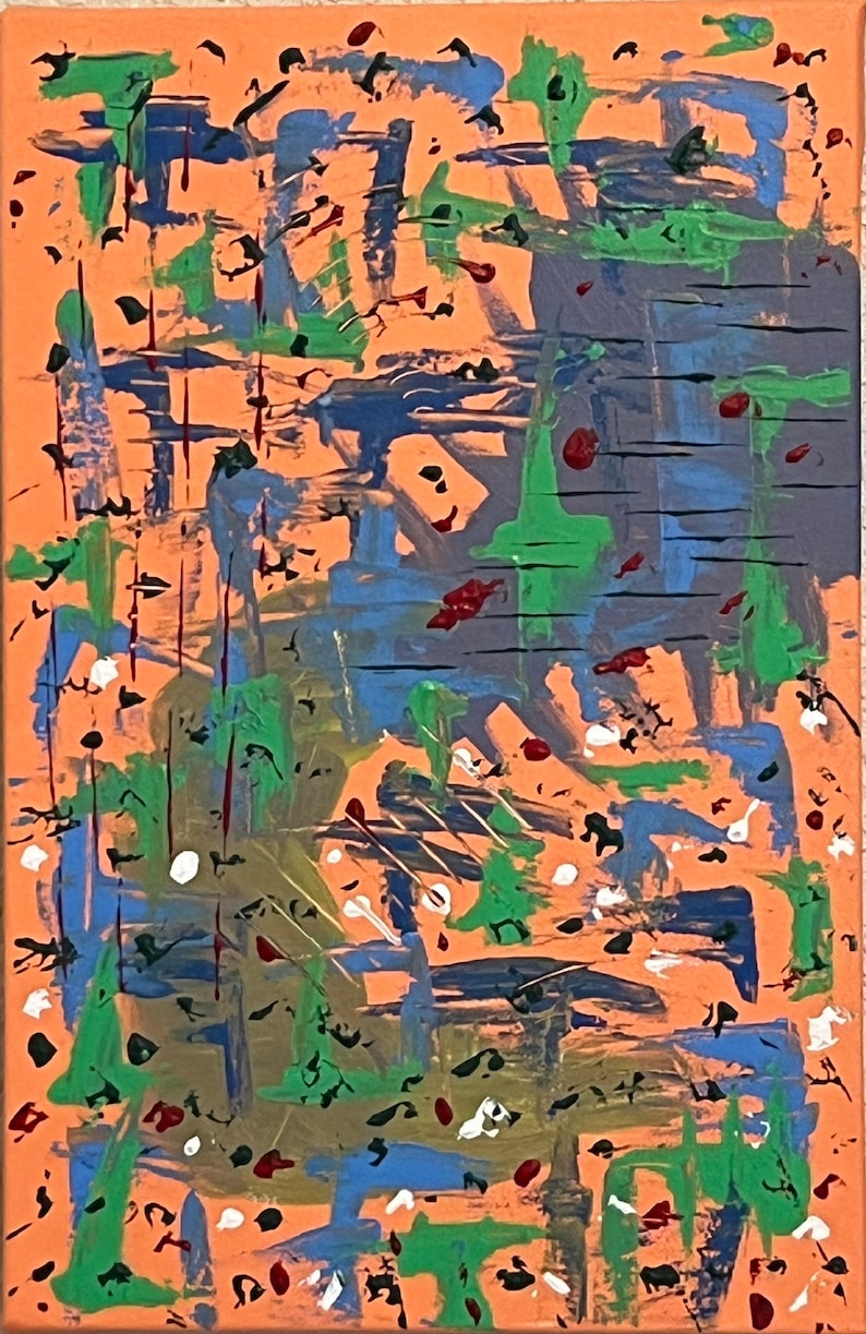 May include: An abstract painting on canvas featuring a vibrant orange background layered with horizontal and vertical brushstrokes in shades of blue, green, and dark gray, accented by scattered small dots of white, black, and deep red paint.