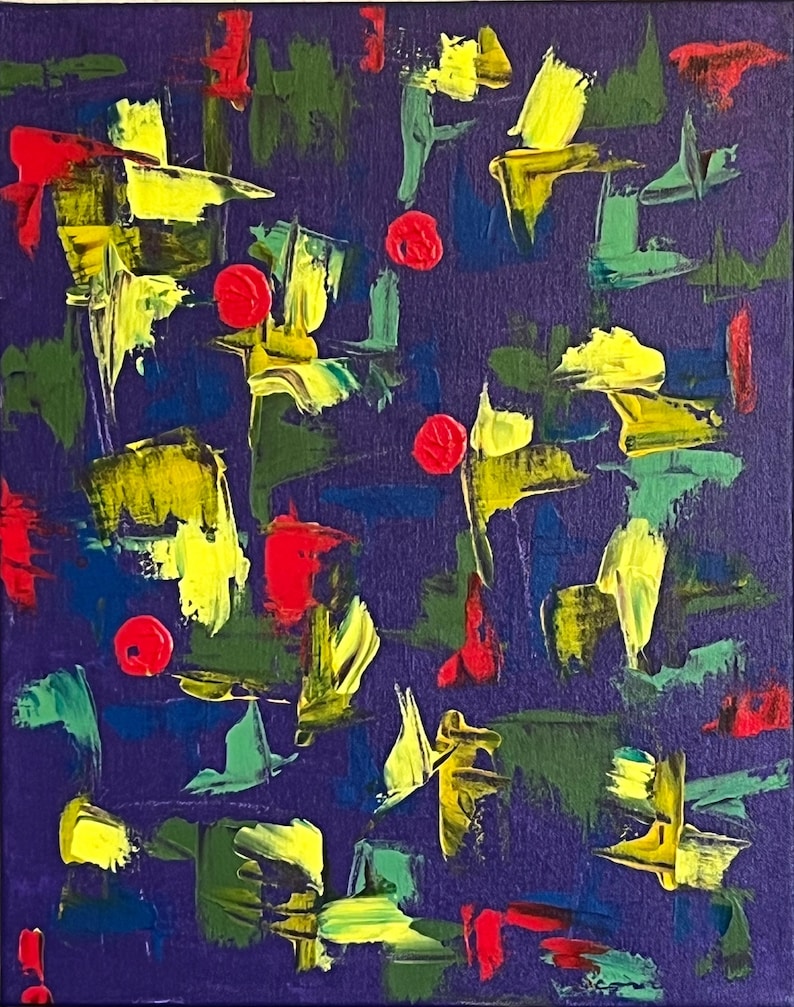 May include: An abstract painting on canvas featuring a deep purple background with thick, textured brushstrokes in bright yellow, vibrant red, and various shades of green. The composition includes several distinct, raised red circular paint dots.
