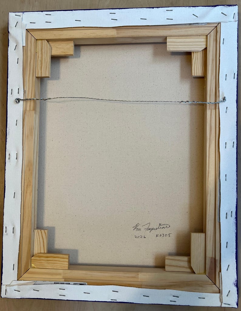 May include: The back of a rectangular canvas painting stretched over a light-colored wooden frame. The canvas is secured with metal staples along the edges. A thin metal hanging wire is attached to the frame. Handwritten text reads 2026 F6305.