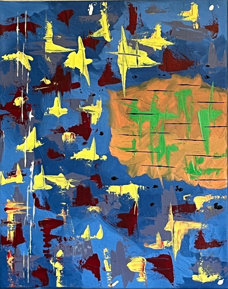 Pu&ograve; includere: Un dipinto astratto su tela con uno sfondo blu intenso, forme gialle sparse, macchie rosso scuro e una grande area arancione strutturata sul lato destro, sovrapposta a linee nere orizzontali e pennellate di colore verde brillante.